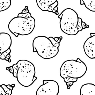 Karalama kabukları çiz. Deniz kabuğu deseni oluşturun. El yapımı karalamalar tarzında kusursuz desenler, deniz kabuğundan yapılmış bir spiral, karalanmış noktalar şeklinde bir desen, yaz mevsimi için beyaz üzerine siyah bir dış görünüş ile rastgele vurgulanmış.