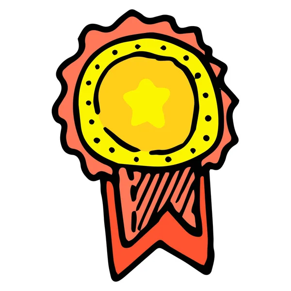 スターとレッドリボン付きベクトルゴールドメダルアイコン 秩序の平らな様式で描かれた絵は黄色の丸い形をしており下に赤いリボンのついた星が描かれています — ストックベクタ