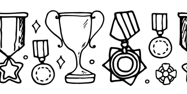 一个天衣无缝的向量模板 它首先是由金牌做成的 杯和奖牌的水平边框 无缝线矢量条纹边框 奖牌为第一 勋章为各种形状的红丝带 为胜利 黑色轮廓为白色 — 图库矢量图片