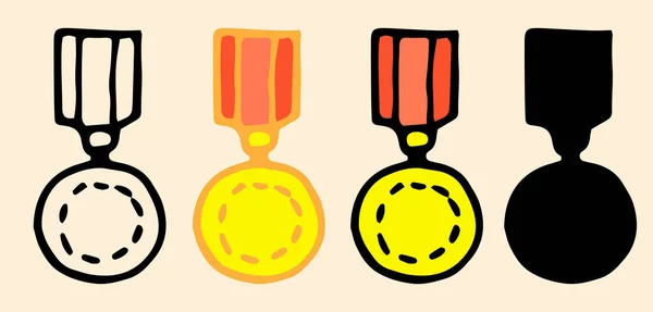 Vector Goldmedaillenset Mit Roter Schleife Das Symbol Einer Handgezeichneten Goldenen — Stockvektor
