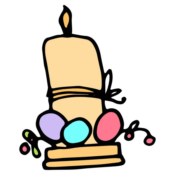 复活节有彩蛋的蜡烛图标 用粉色 蓝色和淡紫色的蛋画成涂鸦状的黄色燃烧的蜡烛 白色上的黑色轮廓侧面视图 作为节庆复活节的模板 — 图库矢量图片
