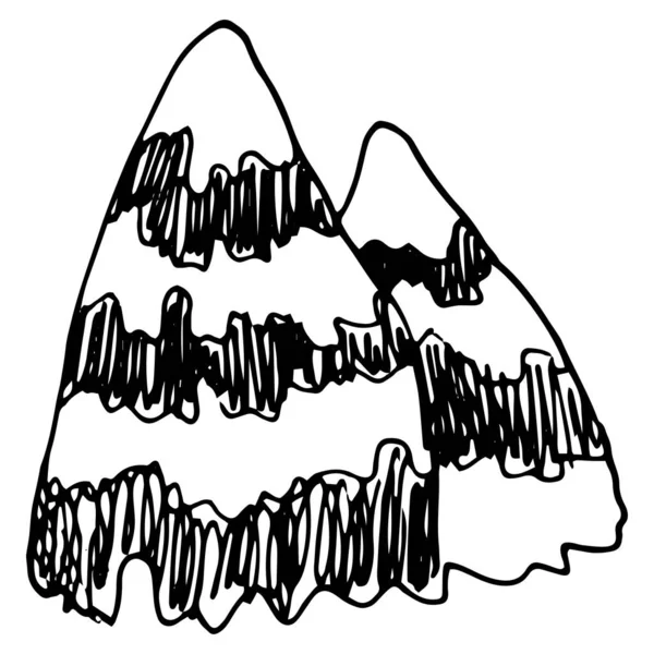 涂鸦山波浪形模式 有几个山峰和有笔划的波浪形线条的山的矢量绘图 手工绘制的两个小山的草图风格 隔离的黑色轮廓侧面视图模板设计师向量隔离 — 图库矢量图片