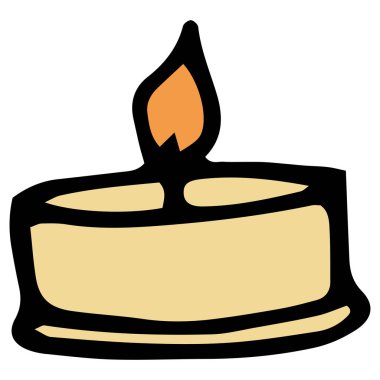 Yanan bir mum. Sarı yanan bir mumun bir simgesini yönlendir. Elle çizilmiş, sarı siyah çizgili küçük, düz, yuvarlak bir mum ve tasarım şablonu için beyaz üzerine turuncu bir alev. Şamdandaki aromatik bir mumun simgesi