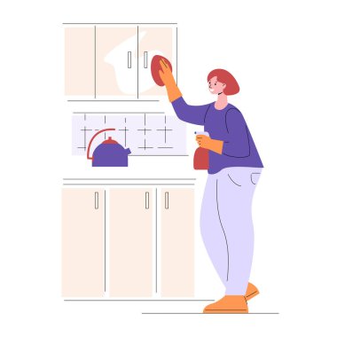 Mutfağı temizliyorum. Genç bir kadın mobilyaları yıkıyor. Düz biçimli vektör illüstrasyonu.
