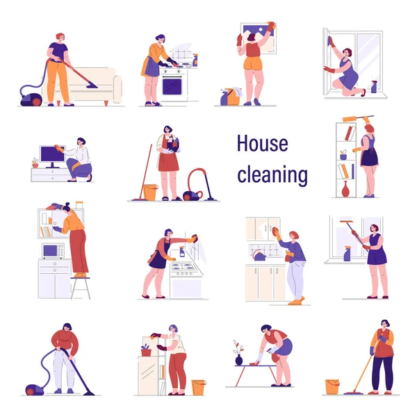As donas de casa estão a limpar a cozinha da sala. Conjunto de ilustrações vetoriais em estilo plano. — Vetor de Stock
