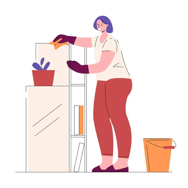 Ev hanımı temizlikçi kadın mobilyaların tozunu siler. Düz biçimli vektör illüstrasyonu. — Stok Vektör