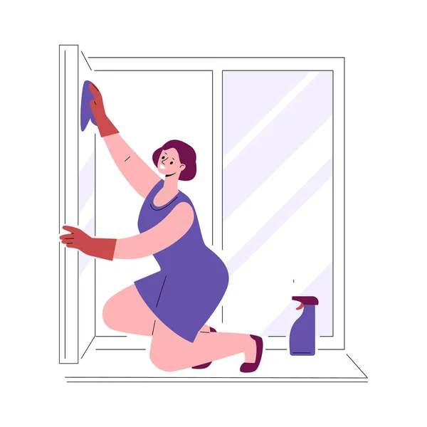 Домогосподарка-домогосподарка робить прибирання в будинку миє вікно. Векторні ілюстрації в плоскому стилі . — стоковий вектор