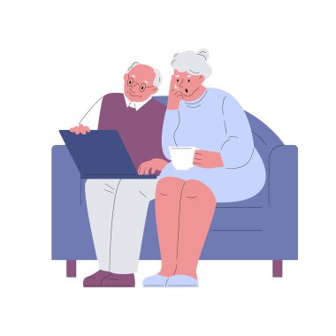 Kanepede dizüstü bilgisayarı olan yaşlı bir çift. Düz bir şekilde vektör illüstrasyonu.