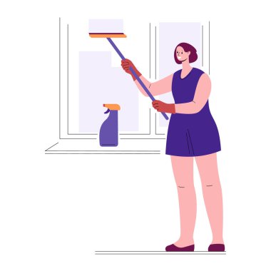 Ev hanımı temizlikçi kadın evde temizlik yapıyor pencereyi yıkıyor. Düz biçimli vektör illüstrasyonu.