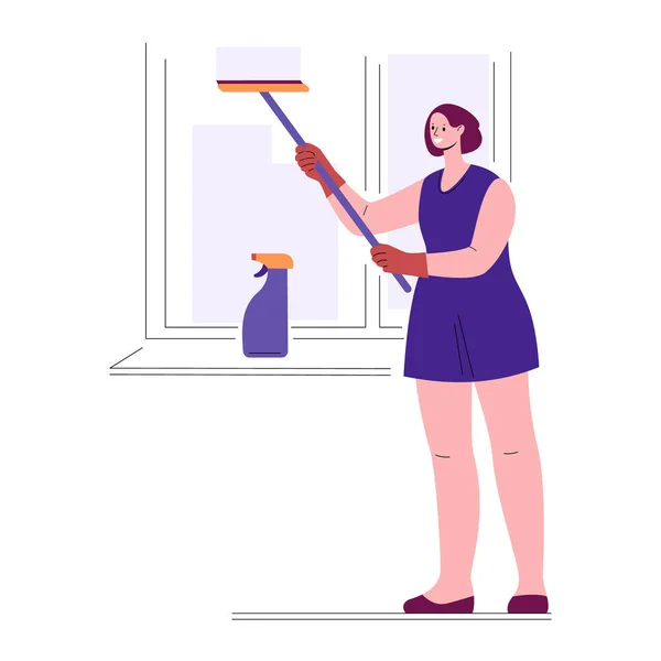 Dona de casa dona de casa mulher fazendo limpeza na casa lava a janela. Ilustração vetorial em estilo plano. — Vetor de Stock