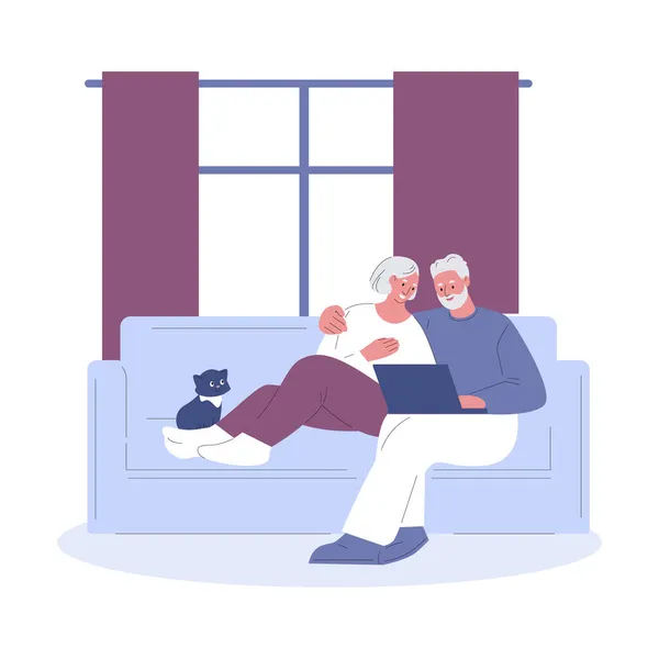 Casal de idosos com laptop no sofá. Ilustração vetorial em estilo plano. — Vetor de Stock