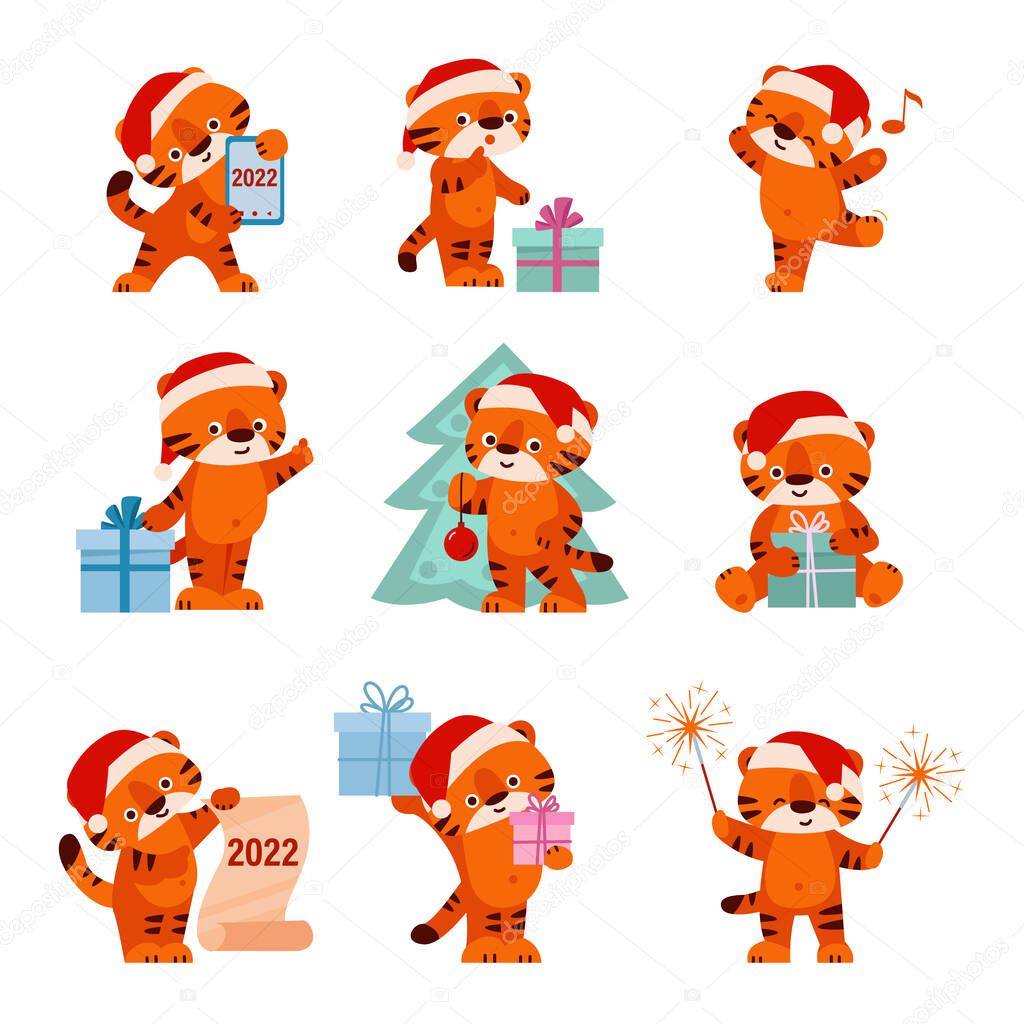 Set of cute tigers in santa hat. Happy New Year. Vector illustration in cartoon style. Isolated on a white background.