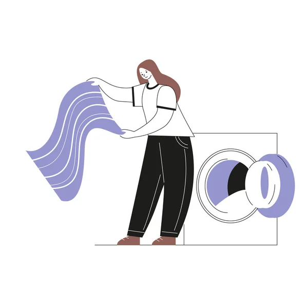 Woman with washed towels and washing machine. Vector illustration in cartoon style. Isolated on a white background. — Stock Vector