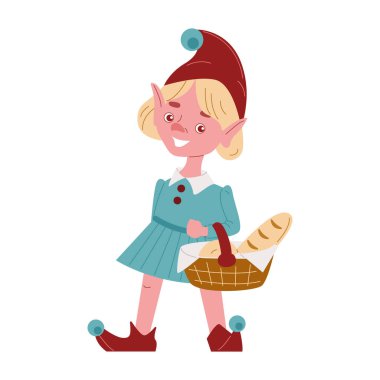 Bahçe cücesi ekmekli küçük kız. Düz bir şekilde vektör illüstrasyonu. Beyazda izole edilmiş.
