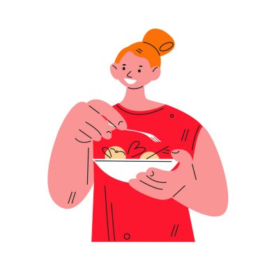 Salata yiyen genç bir kız. Düz olarak vektör illüstrasyonu.