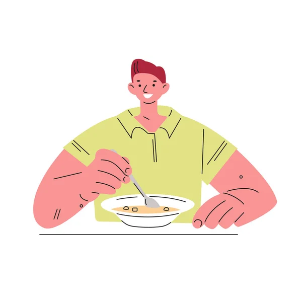 Joven Comiendo Sopa Ilustración Vectorial Plano — Vector de stock