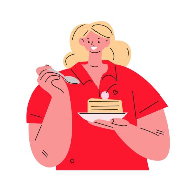 Bir parça kek yiyen genç bir kadın. Düz olarak vektör illüstrasyonu.