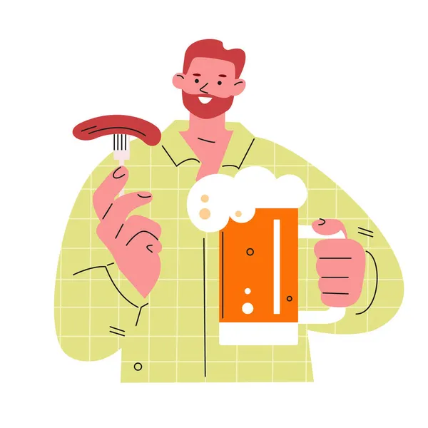 Hombre Bebe Cerveza Con Una Salchicha Ilustración Vectorial Plano — Archivo Imágenes Vectoriales