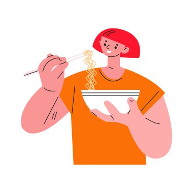 Erişte yiyen genç bir kadın. Düz olarak vektör illüstrasyonu.