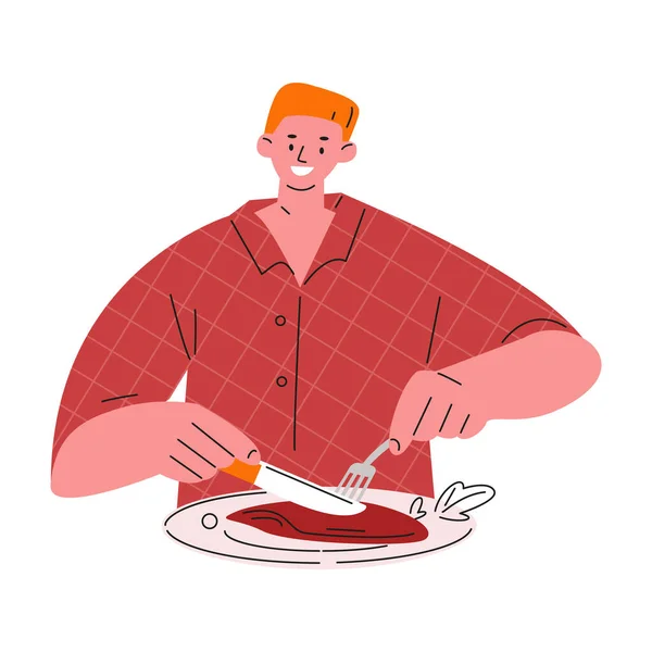 Jeune Homme Mange Viande Avec Une Fourchette Couteau Illustration Vectorielle — Image vectorielle