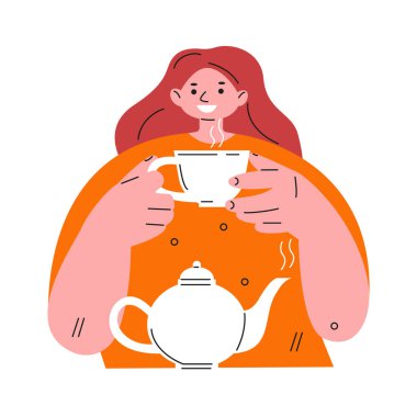 Genç bayan çay içiyor. Düz olarak vektör illüstrasyonu.