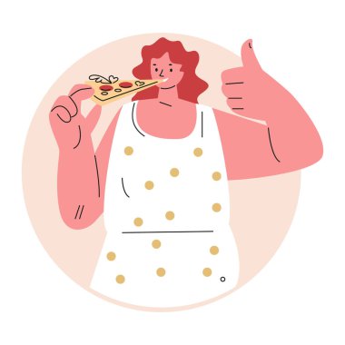 Pizza yiyen genç bir kadın. Düz biçimli vektör illüstrasyonu.