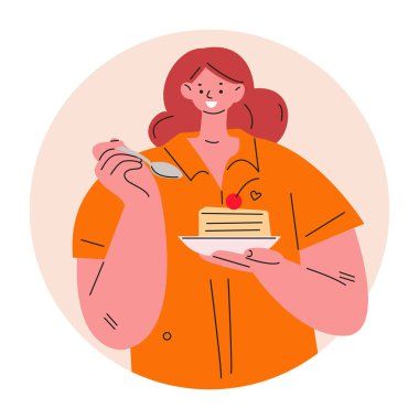 Bir parça kek yiyen genç bir kadın. Düz biçimli vektör illüstrasyonu.