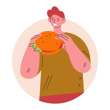 Hamburger yiyen genç bir adam. Düz biçimli vektör illüstrasyonu.