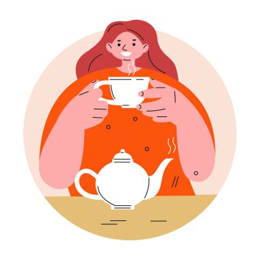 Genç kadın çay içiyor. Düz stil vektör çizim.