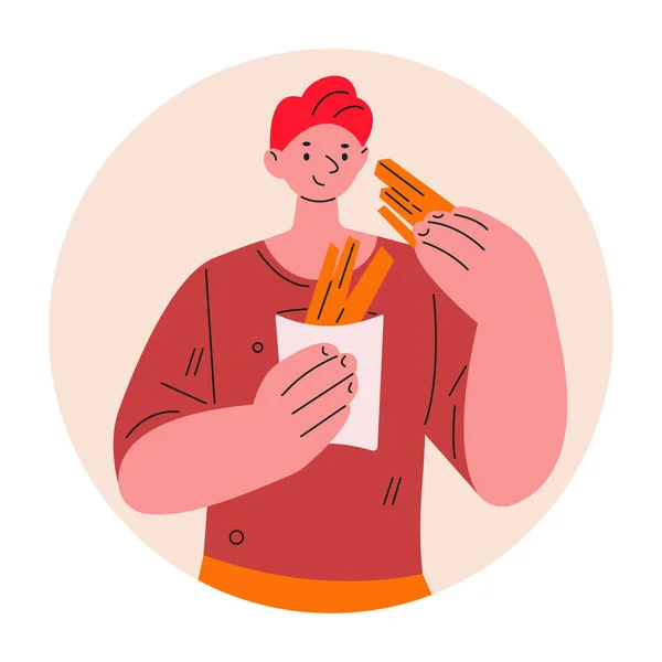 Молодой человек ест картошку фри. Векторная иллюстрация в плоском стиле. — стоковый вектор