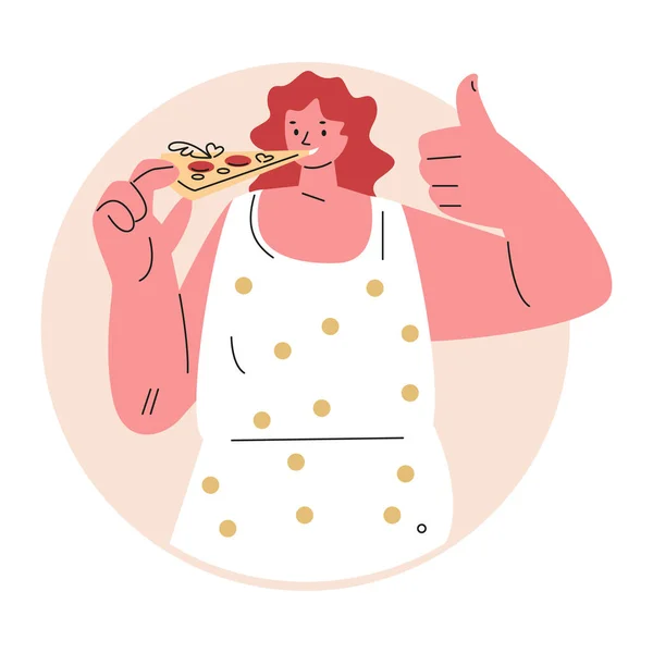 Młoda kobieta je kawałek pizzy. Ilustracja wektora w stylu płaskim. — Wektor stockowy