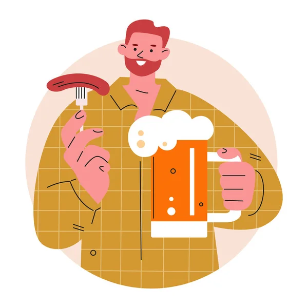 El hombre bebe cerveza con una salchicha. Ilustración vectorial en estilo plano. — Archivo Imágenes Vectoriales