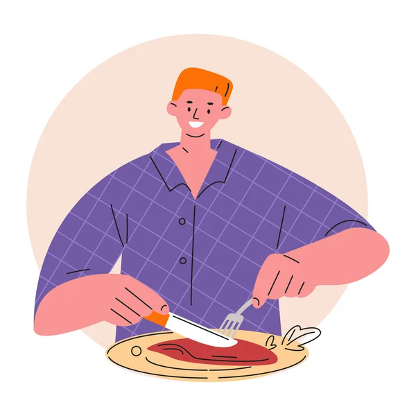 Le jeune homme mange de la viande avec une fourchette et un couteau. Illustration vectorielle en style plat. — Image vectorielle