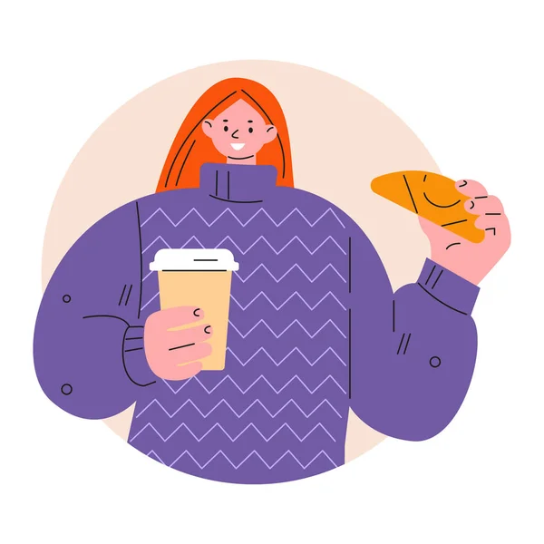 Young woman with coffee and croissant. Vector illustration in flat style. — Stock Vector