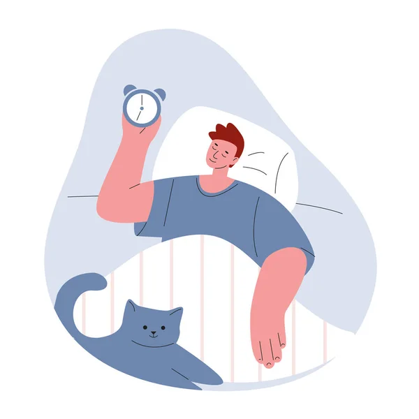 Um homem acorda na cama com um despertador. Ilustração vetorial em estilo plano. —  Vetores de Stock