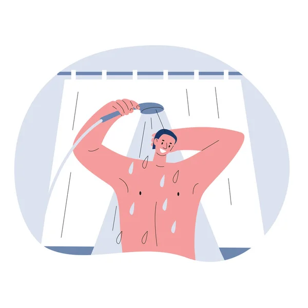 Un hombre duchándose. Ilustración vectorial en estilo plano. — Vector de stock