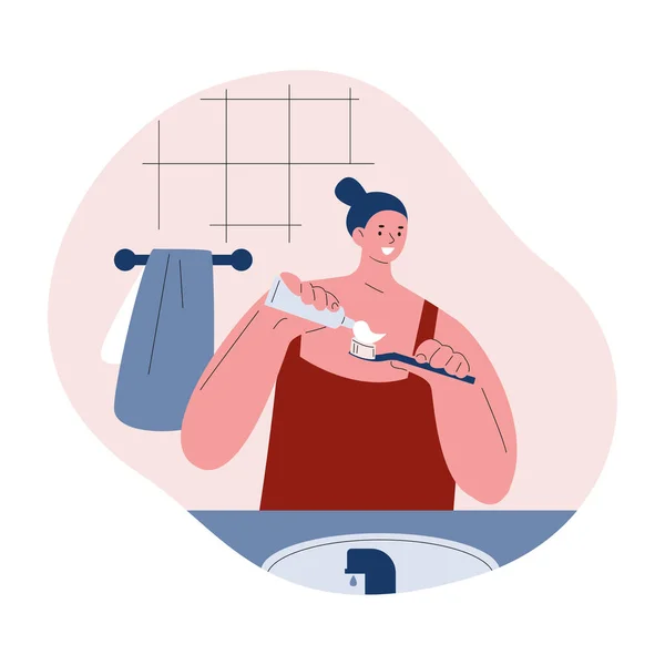 Kvinnan borstar tänderna i badrummet. Vektorillustration i platt stil. — Stock vektor