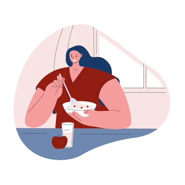 La mujer está desayunando en casa y comiendo gachas. Ilustración vectorial en estilo plano. — Vector de stock