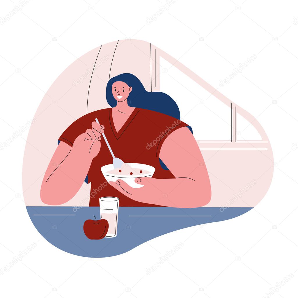 The woman is having breakfast at home and eating porridge. Vector illustration in flat style.