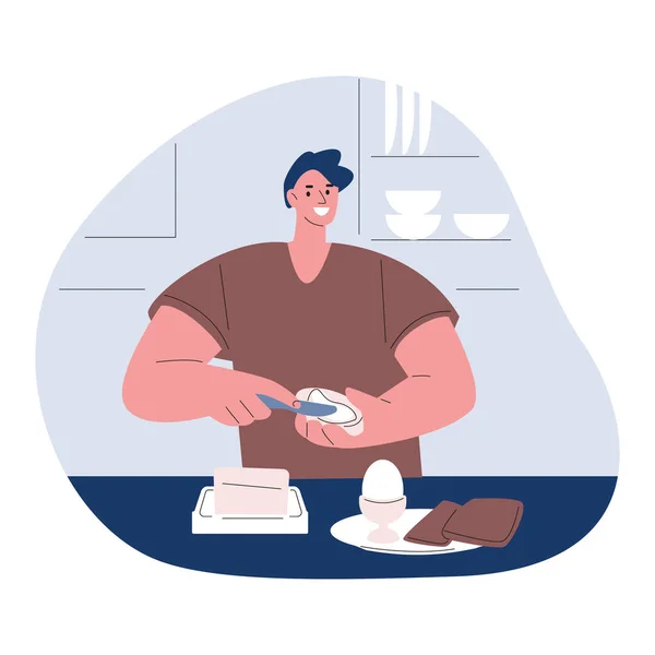 O homem está tomando café da manhã em casa. Comer uma sanduíche de ovo com manteiga. Ilustração vetorial em estilo plano. —  Vetores de Stock