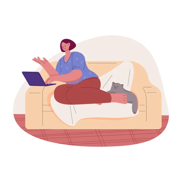 Freelancer Woman Laptop Sitting Couch Vector Illustration Flat — Vetor de Stock