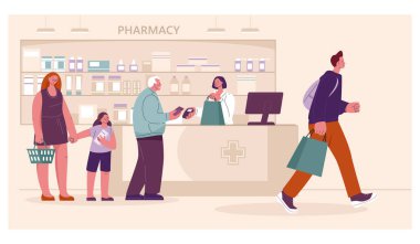 Eczanedeki insanlar ilaç satın alıyor. Eczanede müşterileri olan bir eczacı. Düz olarak vektör illüstrasyonu.