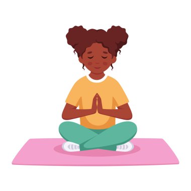 Siyah kız nilüfer çiçeği pozunda meditasyon yapıyor. Jimnastik, çocuklar için meditasyon. Vektör illüstrasyonu