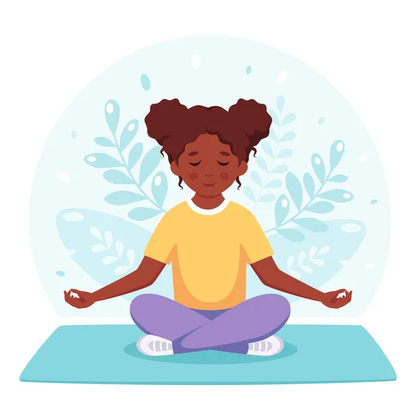 Chica Negra Meditando Pose Loto Gimnasia Meditación Para Niños Ilustración — Vector de stock