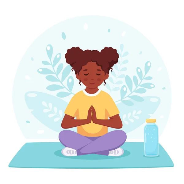 Chica Negra Meditando Pose Loto Gimnasia Meditación Para Niños Ilustración — Vector de stock
