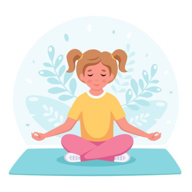 Lotus pozunda meditasyon yapan bir kız. Çocuklar için jimnastik, yoga ve meditasyon. Vektör illüstrasyonu