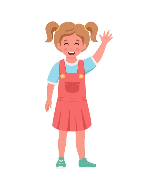 Chica sonriendo y saludando de la mano. Estudiante de primaria. Ilustración vectorial — Vector de stock