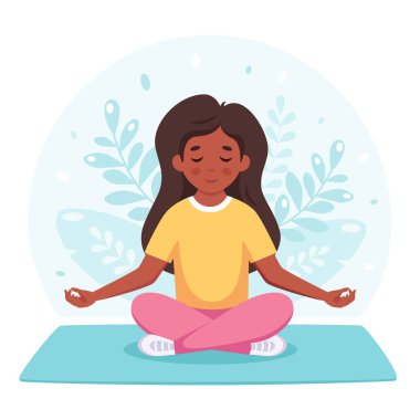 Lotus pozunda meditasyon yapan bir kız. Çocuklar için jimnastik, yoga ve meditasyon. Vektör illüstrasyonu