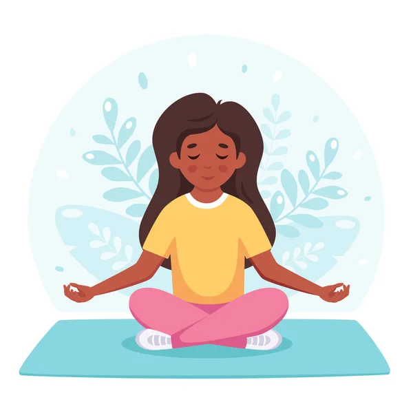 Chica meditando en pose de loto. Gimnasia, yoga y meditación para niños. Ilustración vectorial — Vector de stock
