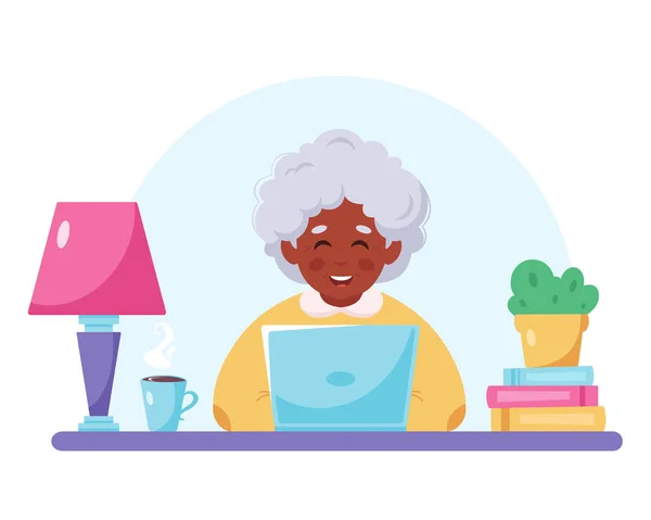 Abuela sentada con laptop. Vieja mujer negra usando la computadora. Tecnología moderna y gente mayor. Ilustración vectorial — Vector de stock